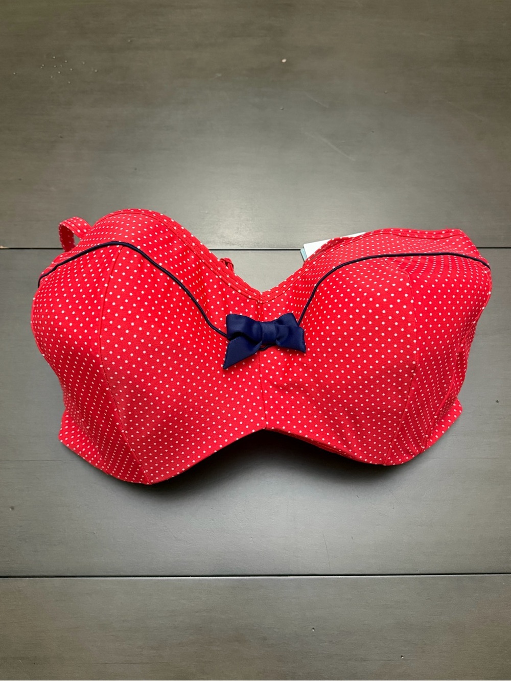 Panache Britt Bandeau Red Polka Dot Strapless Bikini Top with Navy Bow Size 38K